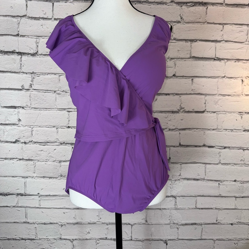 Profile By Gottex Purple Tutti Frutti V Neck Ruffle One Piece Swimsuit Size 16 - Picture 2 of 9